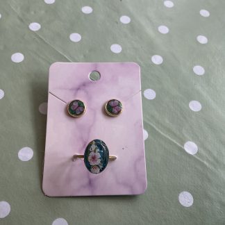 earring and ring set blue with flowers