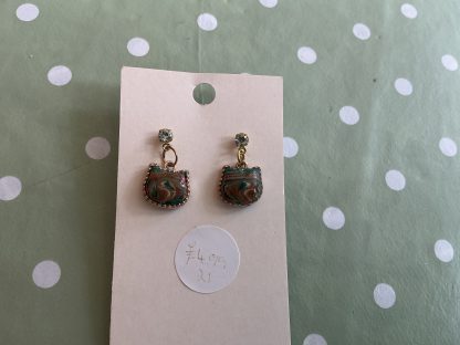 earrings cat head green marble