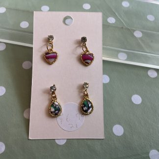 earring set 2 pink marble hearts green and black drops