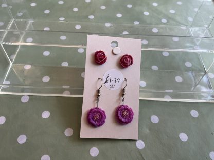 Clay earring set purple and red flowers